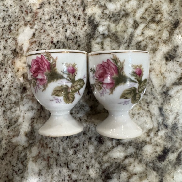 Other - Vintage Moss Rose Porcelain Footed Egg Cups with Gold Trim - Set of 2